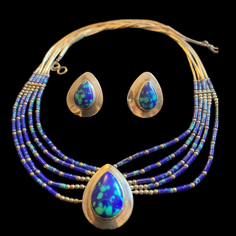 Vintage Azurite Sterling Silver Teadrop Earrings & Necklace Set